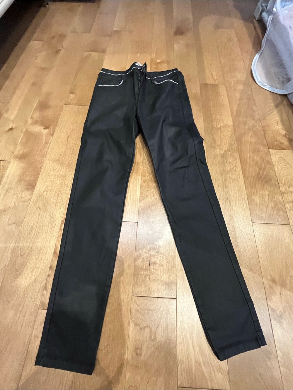 Ladies Black Straight-Leg Jeans, mimicking leather